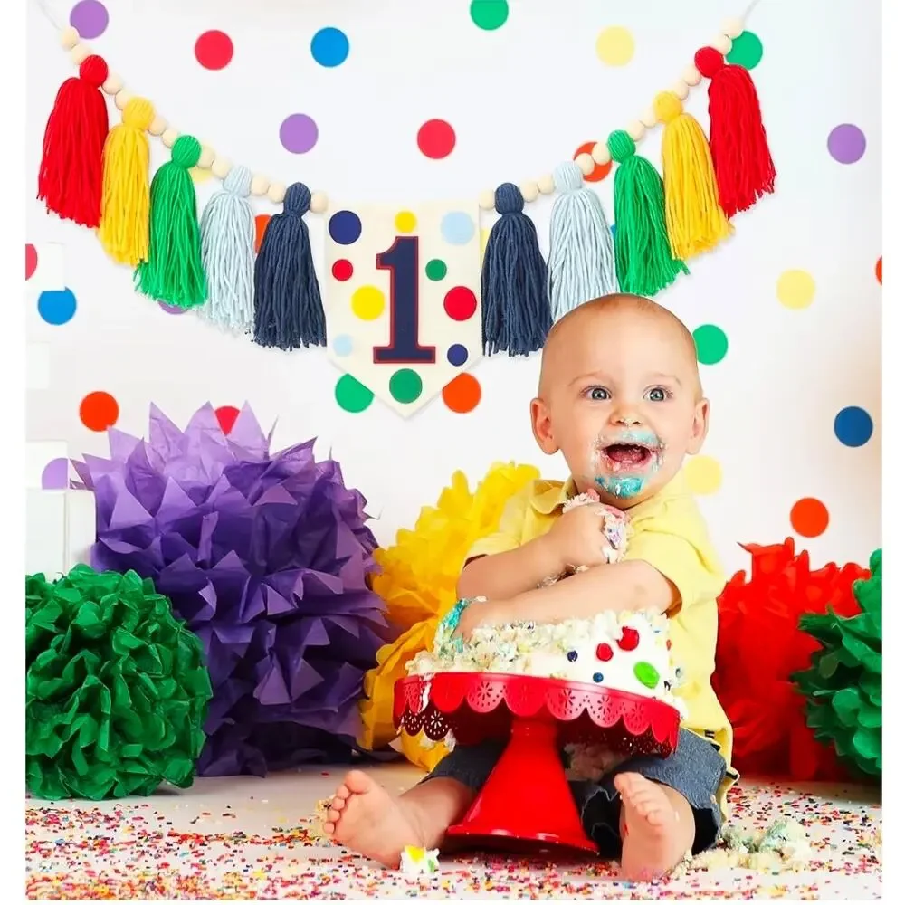 Colourful Rainbow Dot 1st High Chair Banner‎ for Birthday Party Decoration